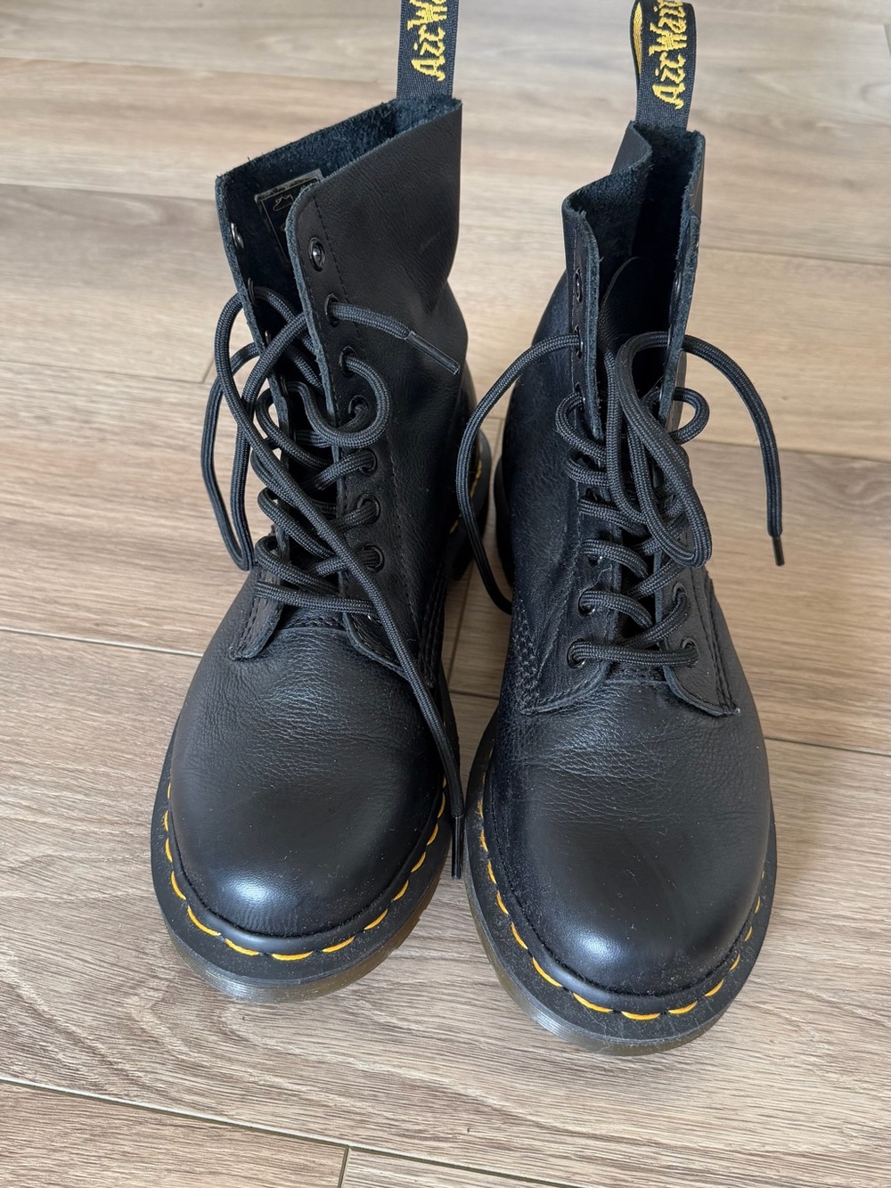 Dr. Martens Black Leather 8-Eye Lace-Up Boots with Yellow Stitching